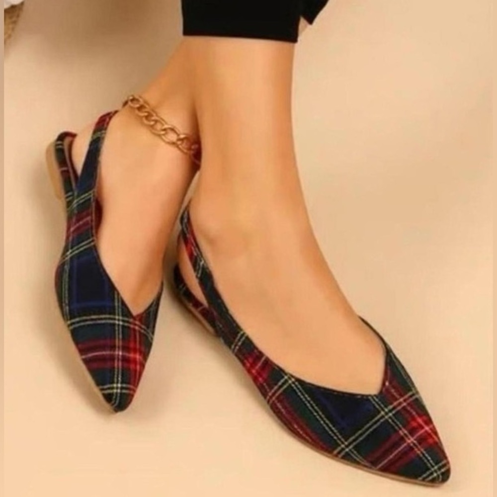 💚 Matiko Lori Green Tartan Flat Pointed Shoes. Slingback. Size 36 (5.5). New!